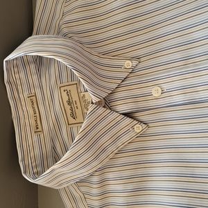 Eddie Bauer Men's Button Down Shirt XL Tall Brown Blue Stripe Wrinkle Resistant